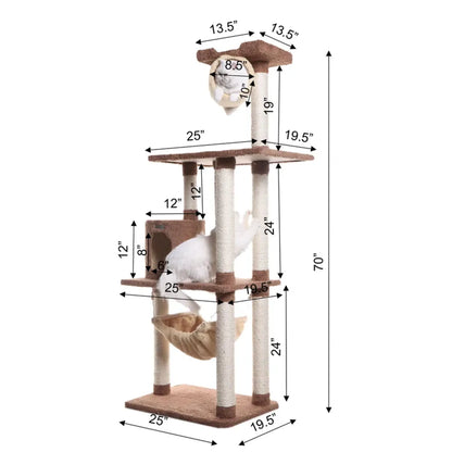 Real Wood 70" Cat tree With Scratch posts, Hammock for Cats